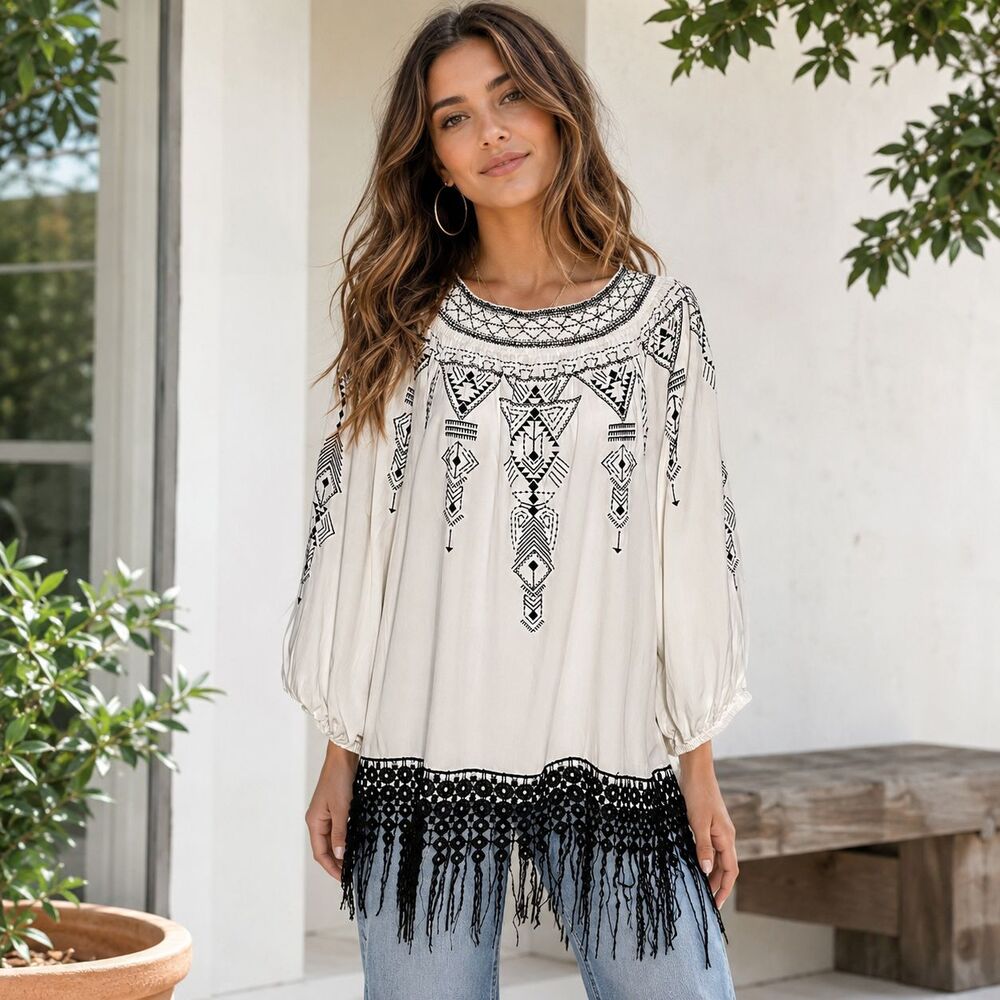 John Mark XL White Black Embroidered Boho Tunic Top Fringe Rayon Peasant Blouse - Picture 8 of 8